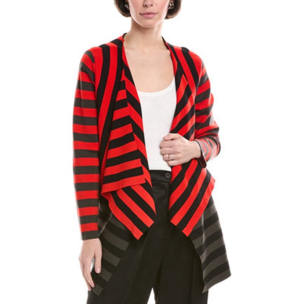Akris Punto NWT Red Grey Black Striped Wool Blend Waterfall Cardigan Size 16